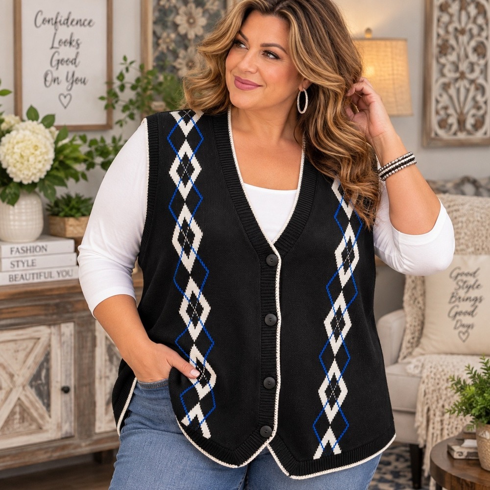 Maggie McNaughton Womens Argyle Knit Button Front Sweater Vest Black Blue 3X